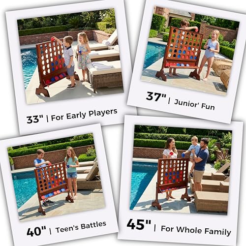 Image of Height Adjustable (2.75-3.75 FT) Giant Wooden 4 in A Row Game | Foldable Tray, 2 Styles of Play: Wall Mounted or Set-up on Ground, Carrying Case, Detachable Legs