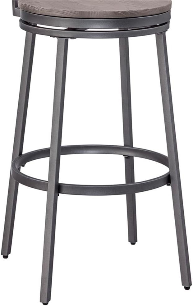 BOWERY HILL Traditional Metal Swivel Bar Stool, 30" Seat Height, Slate Gray Powder-Coated Steel Frame, Dark Driftwood Gray Hardwood Seat, Slat Back Design, Adjustable Leg Levelers, Rustic Style for