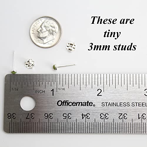 Tiny 3Mm Peridot Stud Earrings For Women And Girls, Handmade Round Bezel 925 Sterling Silver (Peridot) #TOP2