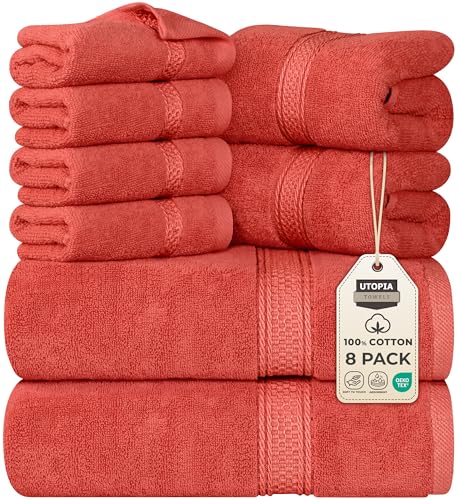 Image of Utopia Towels 8 Piece Luxury Towel Set - Majestic Plush, Super Absorbent & Quicker-to-Dry, Thick 100% Ring Spun Cotton Towels for Bathroom, Spa & Hotel - 2 Bath, 2 Hand, 4 Washcloths, Coral