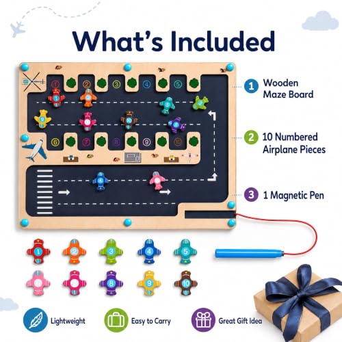 Image of Magnetic Number Maze Toy for Toddlers Ages 3-5, Wooden Airport Parking Puzzle with Magnetic Pen, Montessori Counting & Number Matching Learning Toy, Fine Motor Skills Activity for Boys Girls 3 4 5