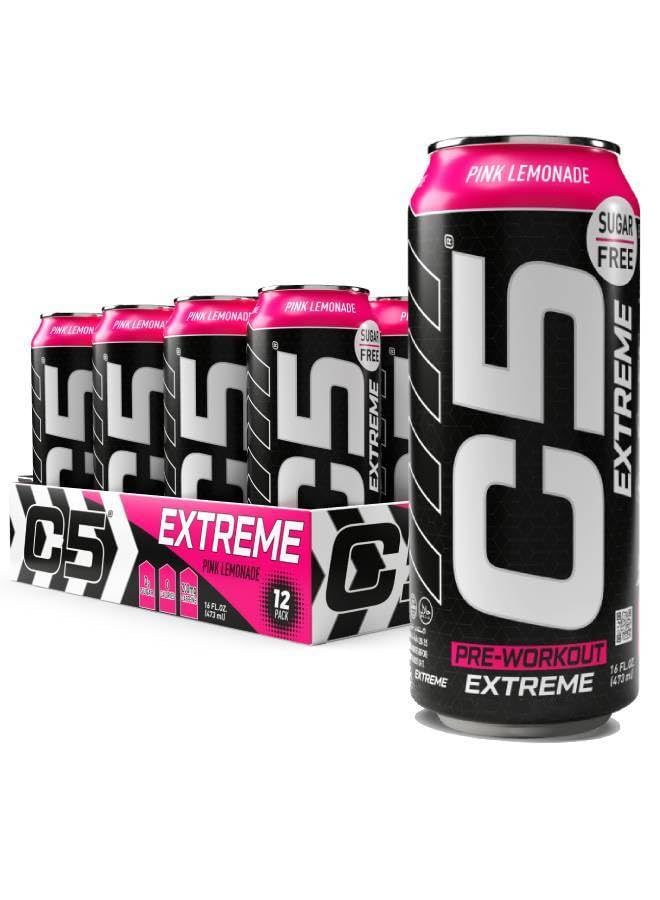C5 Drink Extreme Pink Lemonade Pre Workout Sugar Free, Zero Calories, 200mg High Caffeine, Creatine - Beta Alanine - Citrulline Malate High-Performance Pre-Workout Booster Supplement Pack of 12 Pink Lemonade Full Box 12 Cans