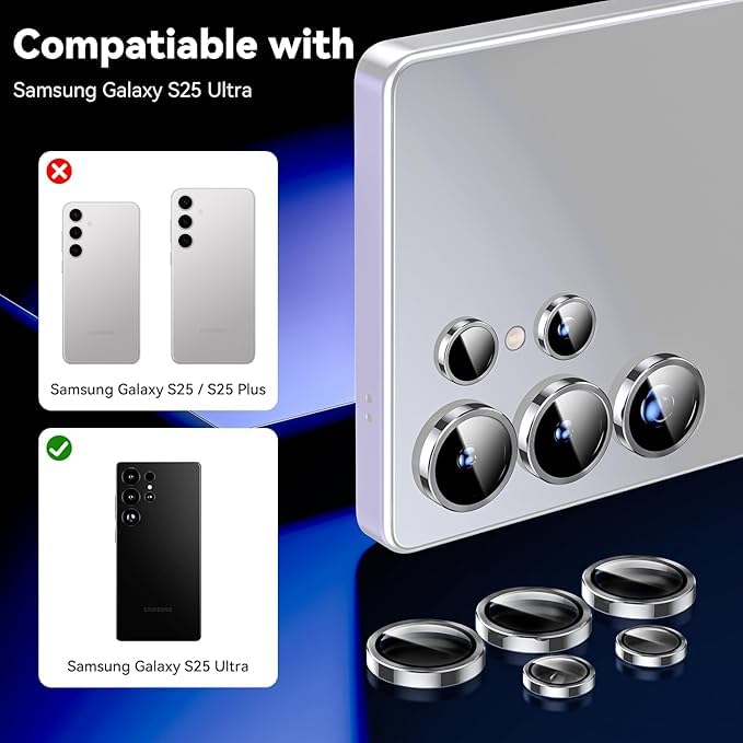 Image of CLITZ Camera Lens Protector for Samsung Galaxy S25 Ultra 5G,9H Tempered Glass Metal Individual Ring Cover, HD Clear, 1 Set (Silver)