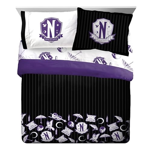 Image of Wednesday Queen Comforter Set 7 Piece Gothic Bedding for Girls, Black | Bed in a Bag, Comforter Sheets Shams Pillowcases, Official Product, Soft Microfiber, Machine Washable, Girls Gift