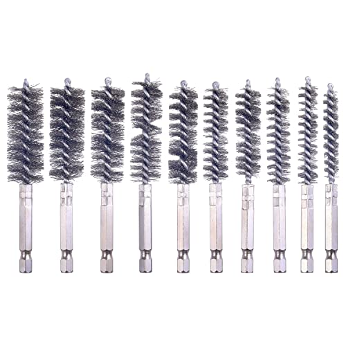 WENORA 10 Pcs Bore Brush for Drill Drill Wire Bore Brush Stainless Steel Bore Brush Set witn 1/4 Inch HexShank Drill Wire Brush for Power Drill Impact Driver