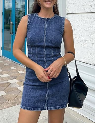Image of Daacee Women's Sleeveless Denim Mini Dress Sleeveless Waist Tucks Zipper Short Tank Jean Dresses Concert Outfits