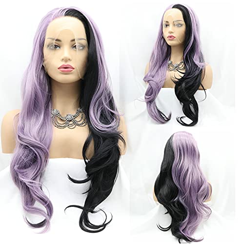 RainaHair 26inch Half Purple Half Black Lace Front Wigs for Women Lilac/Black 2Tone Long Wavy Side Part Synthetic Wig Heat Resistant Fiber Hair(Half Black Half Purple)