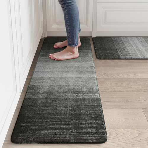 Ailsan Kitchen Mats for Floor 2 Piece,Waterproof Kitchen Mats Cushioned Anti Fatigue,Memory Foam Standing Desk Mat,Black Boho Kitchen Rug for Laundry Office Bathroom,Black