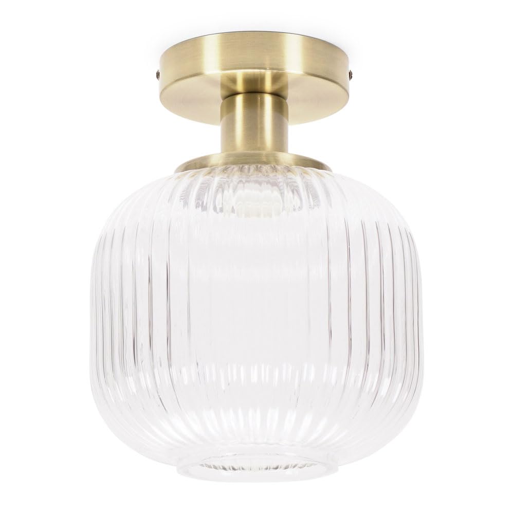 ValueLights | Gold Flush Ceiling Light Fitting with Ribbed Clear Glass Shade | Close-to-Ceiling Lights, Home Décor & Improvement Essential | Includes Bulb | Mains Wired