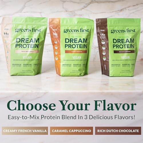 Greens First Dream Protein Plant-Based Vegan Powder - USDA Organic Pumpkin, Hemp & Pea Protein - Gluten-Free, Non-GMO, No Added Sugar (Rich Dutch Chocolate, 27.54 oz)