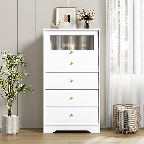Image of finetones White Dresser, Tall White Dresser 5 Drawer Dresser, White and Gold Dresser with Fluted Glass Door, Gold Dresser Modern Dresser for Home