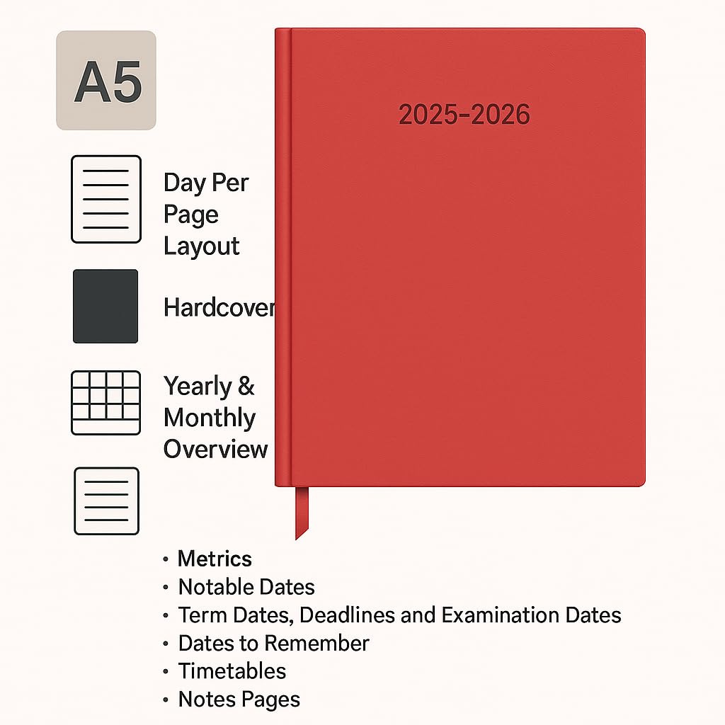 Top Sale Academic Diary 2026-2027 A5 Day Per Page Planner, Red Hardcover Student Diary, August 2026-July 2027 - Image 3