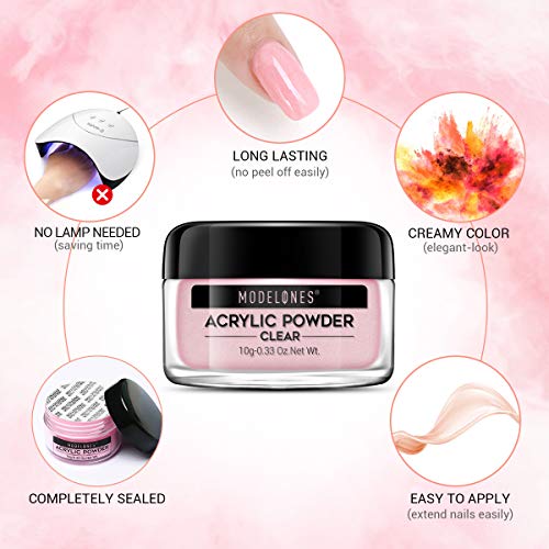 Modelones Acrylic Powder and Liquid Set Glitter Pink Acrylic Nail Kit with Professional Acrylic Nail Brush & Liquid Monomer No Need Nail Lamp, Long-Wear, MMA Free Liquid