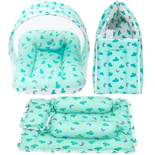 Image of Fareto Combo of Baby Bed with Net | Carry Bag | 4 Pcs Bedding Set (0-6 Months, Baby Size, Cotton) (Cloud Green)