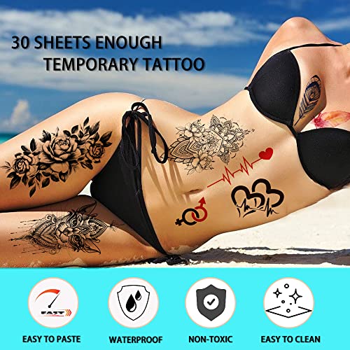 30 Sheets Temporary Tattoos For Women- Tattoo Stickers Long Lasting 3D Realistic Large Flower Snake Temp Tattoos Waterproof Half Sleeve For Men, Adults, Teens, Party, Bar (30 Black) #TOP1