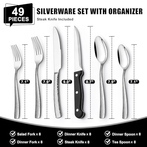 Image of 49-Piece Hammered Silverware Set with Organizer, Food-Grade Stainless Steel Flatware for 8, Cutlery Utensil Sets with Steak Knives, Rust-proof, Mirror Polished, Dishwasher Safe, Wave Hammered