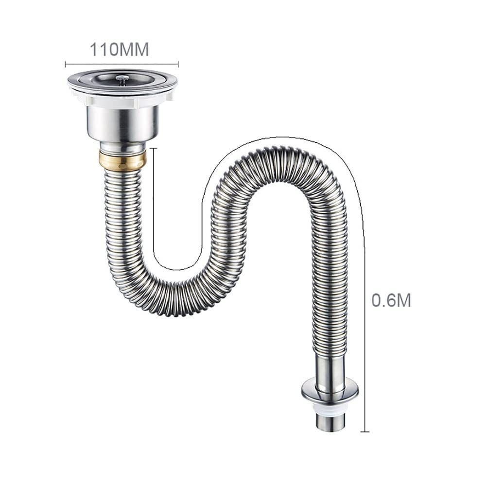 Filtro de drenaje de acero inoxidable para fregadero de cocina con desodorante, accesorios de alcantarillado de baño, 60 cm, flexible para tuberías de residuos y tapones para fregadero