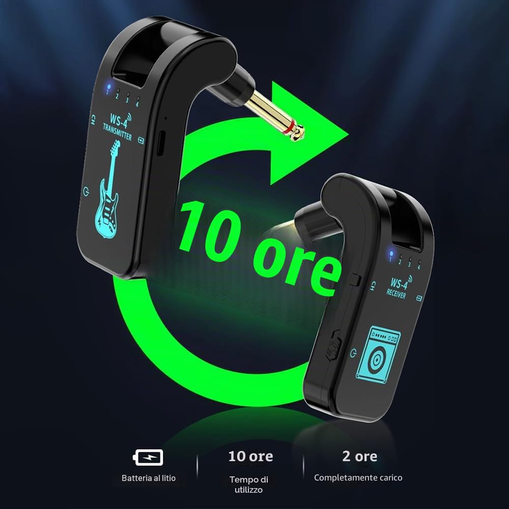 Kavolet di chitarra wireless 2,4 G, trasmettitore e ricevitore ricaricabili, con 10 ore di durata della batteria, Plug and Play, trasmissione in tempo reale 48 K/16 bit, spina girevole a 282