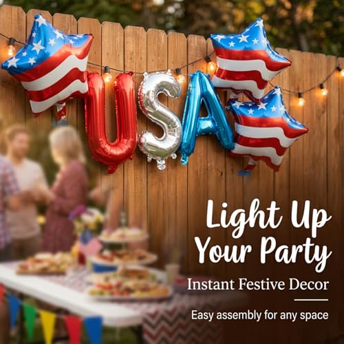 Image of 4th of July Decorations - Patriotic Independence Day Decorations, Red White and Blue American Flag Balloons, Foil USA Balloons Set for Quick Party Setup, Inflate & Deflate for Multiple Uses