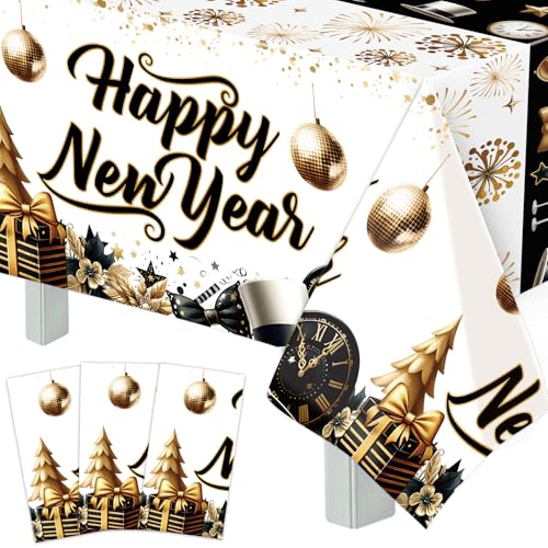 Fancy Land Happy New Year Tablecloths 3 Pack New Years Eve Party Supplies 2025 Gold Black White Tablecloths for Rectangle Tables Happy New Years Decorations 2025