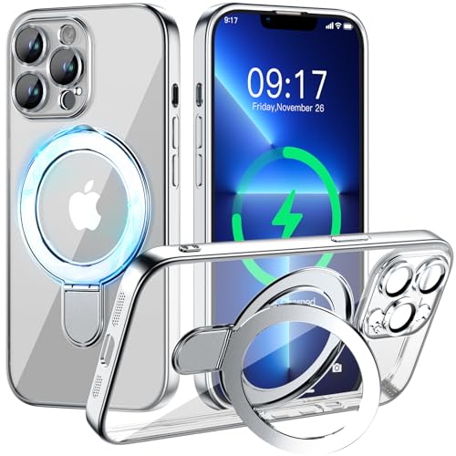 Image of Magnetic for iPhone 13 Pro Case with Invisible Stand[Compatible with MagSafe][Full Camera Lens Protector][Military Drop Protection] Shockproof Not Yellowing Clear Slim Soft for Women Men