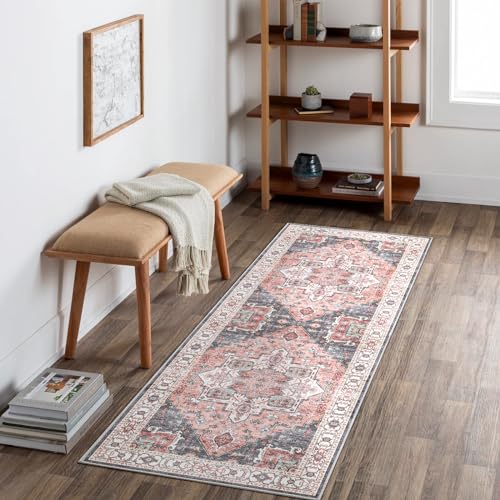 Image of Carvapet Washable Hallway Runner Rug 60x180cm Long Thin Rug Runner Pink Area Rug Vintage Medallion Floor Carpet Rugs for Living Room Corridor Kitchen