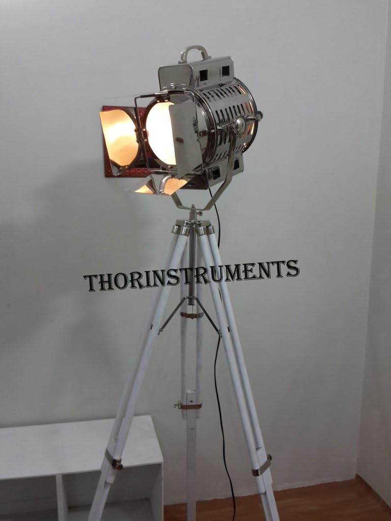 THOR INSTRUMENTS Hollywood Replica Chrome Spot Light Lam,p with White Tripod Stand Rustic Vintage Home Decor Gifts