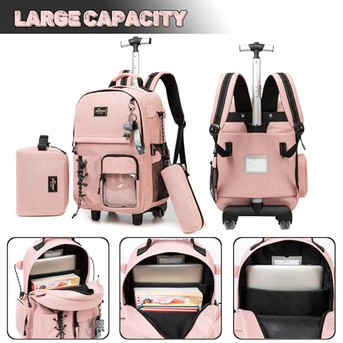 Rolling Backpack for Girls Backpack with Wheels with Lunch Box Set 3 in 1 Wheeled Backpacks for school Backpacks for Teens Girls Pink Schoolbag for Kids Back to School Supplies4