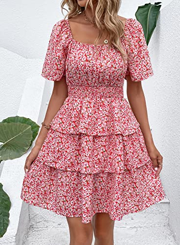 Image of PRETTYGARDEN Women's Summer Floral Ruffle Short Dress | Short Sleeve Square Neck, Flowy Tiered Hem, Fit and Flare, Flower Boho Dresses, Cute Beach Vacation Outfits, Fashion Clothing