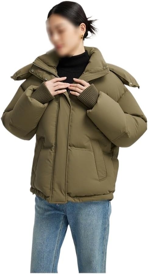 Women's Winter White Duck Down Short Green Down Jacket Hooded Loose And Warm Thickened