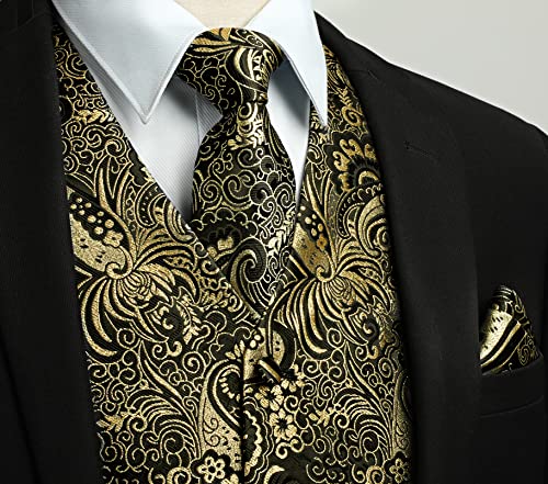 Image of HISDERN Mens Vest Tie Set 3PC Formal Waistcoat Paisley Floral Jacquard Necktie Pocket Square Suit Vests Wedding Party