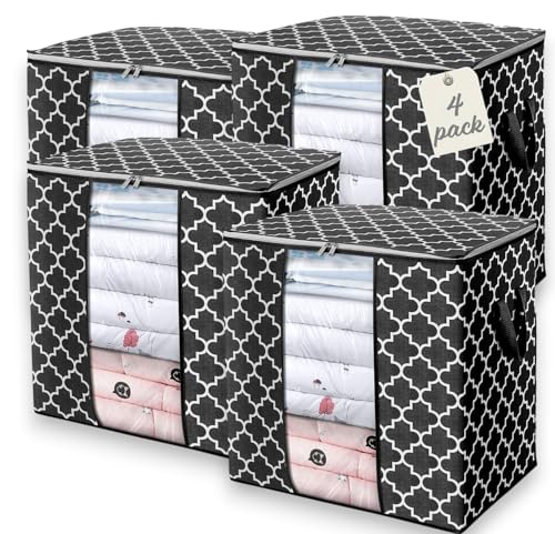 Image of RAAHII 4 piece Large dustproof transparent blanket storage bag for double bed quilt /saree packing bag /lehnga /winter clothes, pillow storage and wardrobe organizing (Black, Pack of 4)