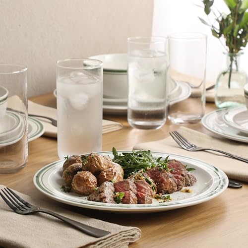 Image of Gibson Home Hometown Diner 12-Piece Porcelain Dinnerware Set, Round Plates and Bowls Set for 4, White with Green Rim, Dishwasher Safe - Dinner Plate, Salad Plate & Cereal Bowl