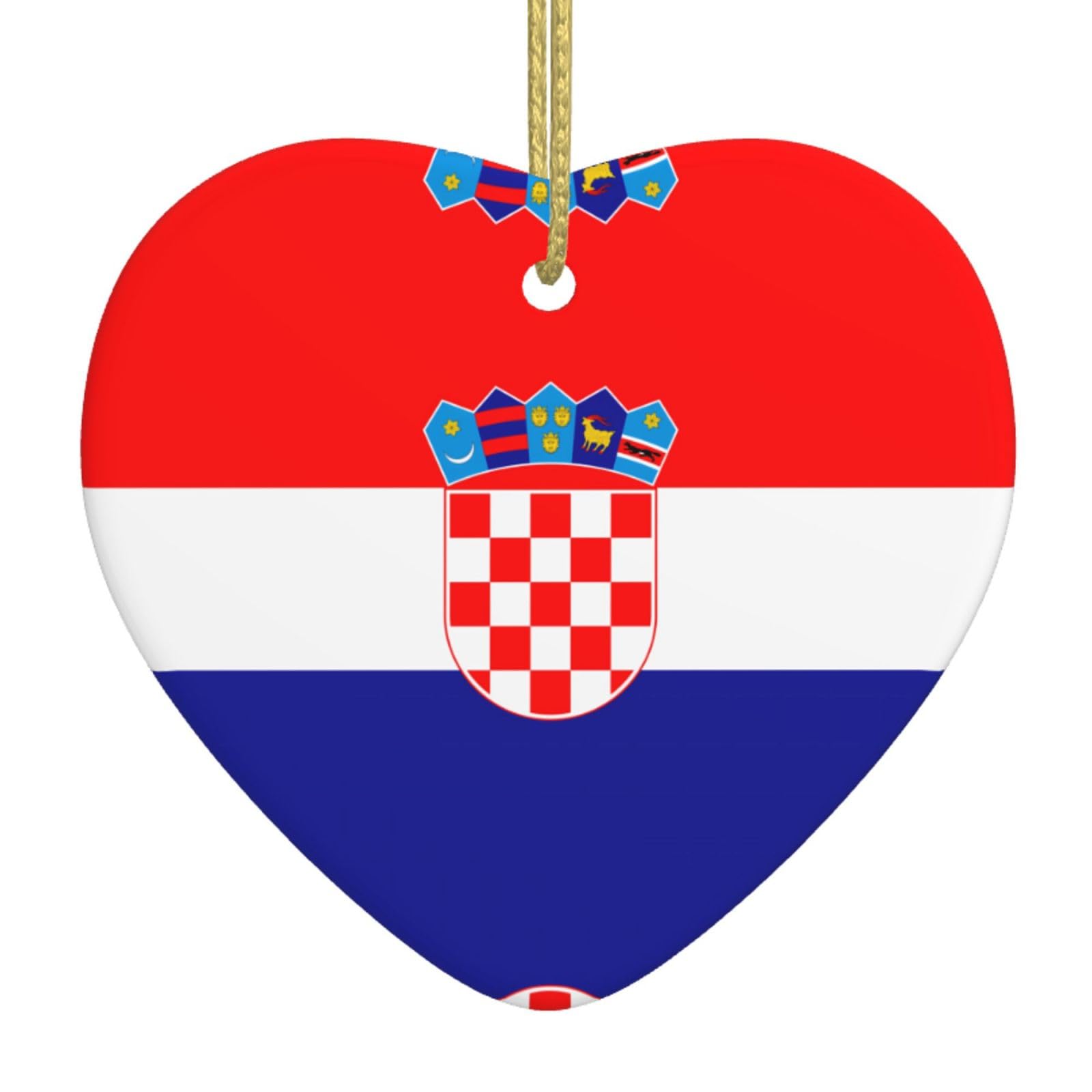 Republic of Croatia Flag Ceramic Christmas Heart Pendant with Silk Thread, Christmas Tree Home Decoration
