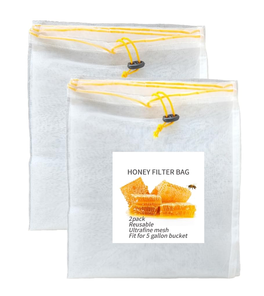beeuuonx Honey Strainer, 2 Pcs Honey Filter Bag Ultra-Fine Mesh Strainer with Adjustable Drawstring, Beginner Honey Extractor Equipment in a 5 Gallon