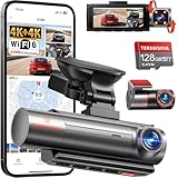 TERUNSOUl 4K+4K+1080P 3 Channel Dash Cam Front and Rear with Cabin, Free 128GB Card Included, 5.8GHz WIFI6 - up to 20MB/s, IR Night Vision, Built-in GPS, G-Sensor, 24H Parking Mode, Support 512GB Max