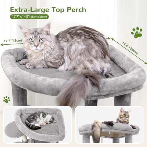 Image of Globlazer Corner Cat Tree for Large Cats, 66inch Tall Curved Series Large Cat Tower for Multiple Indoor Cats with 6 Scratching Posts, 2 Spacious Cat Condos, Hammock, Hanging Basket, C66, Light Grey