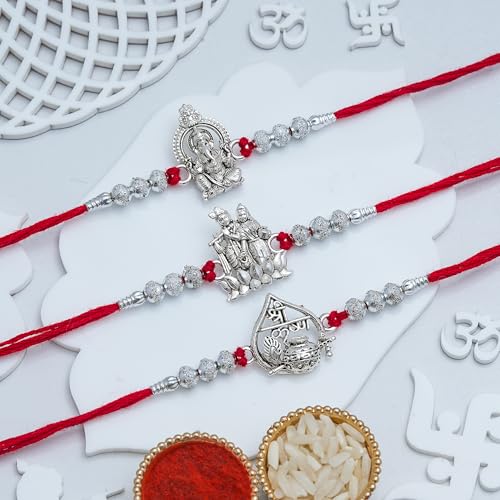 Image of eCraftIndia Set of 3 Rakhi for Brother Lord Ganesha Radha Krishna Playing Flute Dahi Handi Flute Mor Pankh Designer Rakhis with Best Bro Ever Fridge Magnet | Roli Chawal Pack