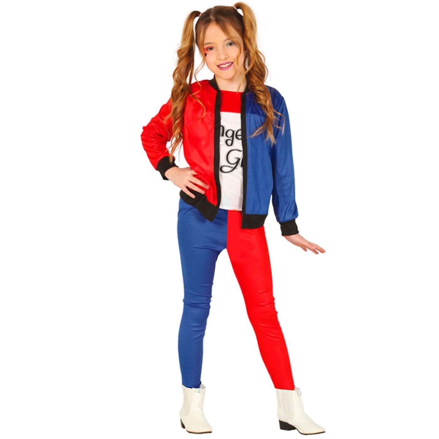Acan Tradineur - Disfraz de dangerous girl infantil, Harley Quinn, poliéster, incluye chaqueta con camiseta y pantalón, atuendo de carnaval, Halloween, cosplay (Niña)