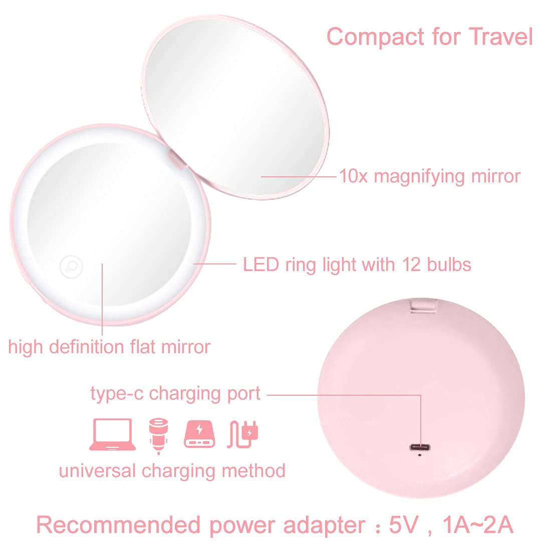 2PC Specchio compatto con luce a LED, 1x/10x ingrandimento specchio ricaricabile, dimmerabile da viaggio per borsa, tasca, specchio da trucco a 2 lati (rosa)