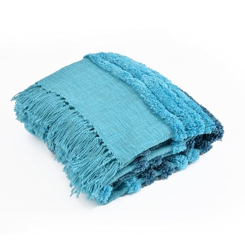 Image of 100% Handloom Aqua & Blue Cotton Sofa Throw | 50x60 inch Soft Lightweight Boho Blanket for Sofa & Bed | Decorative All-Season Couch Cover with Tassels