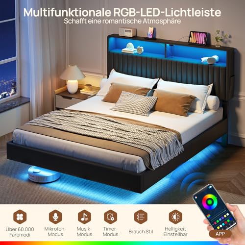 Seventable Metallbett 140x200 cm mit LED-Beleuchtung, inkl. Lattenrost, Schwebendes Design, Stabil & Robust, Einfache Montage, Schwarz – Ohne Matratze – Bild 6