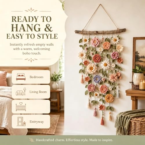 Decoración de pared de crochet para salones de estilo boho ligero 6