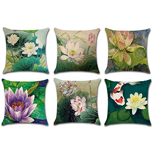 Aipark 6Pcs 45 x 45 cm Taie d'oreiller en Coton Lin, Housse de Coussin Lotus Décoratif avec Fermeture Éclair pour la Maison Chambre Canapé Voitures Café