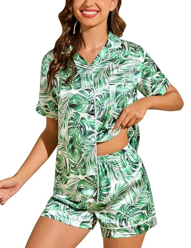Image of LecGee Womens Silk Satin Pajamas Short Sleeve Loungewear Two-Piece Sleepwear Button-Down Pj Set