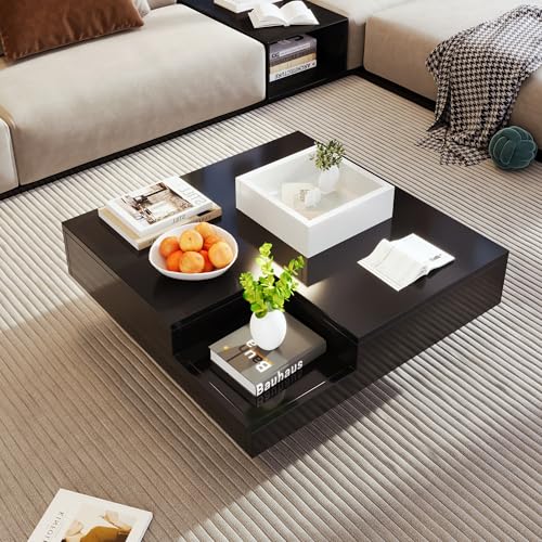 Table basse carrée laquée noire et blanche 72cm avec LED et coffre amovible - 8