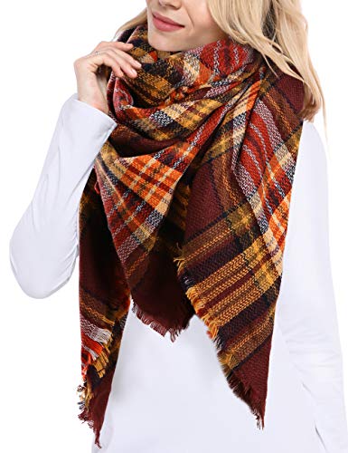 Bess Bridal Women's Plaid Blanket Winter Scarf Warm Cozy Tartan Wrap Oversized Shawl Cape (One Size, Coffee)
