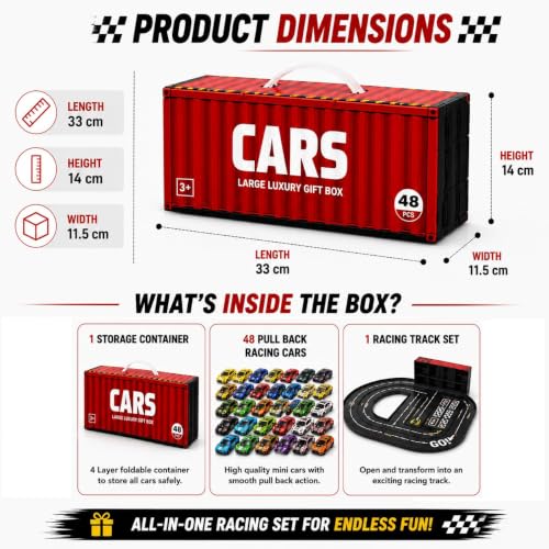 Image of Brand Conquer 48 PCS Pull Back Racing Cars Set with Foldable Storage Container & Racing Track | Mini Toy Car Collection Gift Box | Portable Carry Case | Friction Powered Cars for Boys & Girls