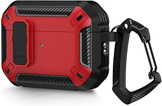 جراب حماية مناسب لسماعة ايربودز برو الجيل الثاني 2022 مع غطاء قفل وخطاف سلسلة مفاتيح، جراب متين مزدوج الطبقات ومقاوم للغبار والصدمات (لون أحمر)، الياف كربونيه بولي يوريثين اللدن بالحرارة بولي كربونات