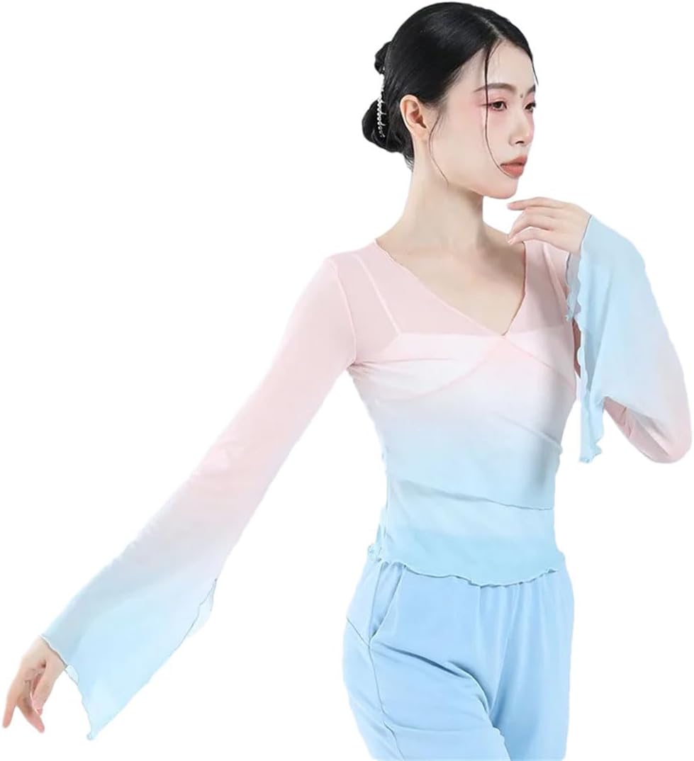 Women Dance Tops Long Horn Sleeve Gauze Shirt Elegant Flowy Classical Dance Top High Collar